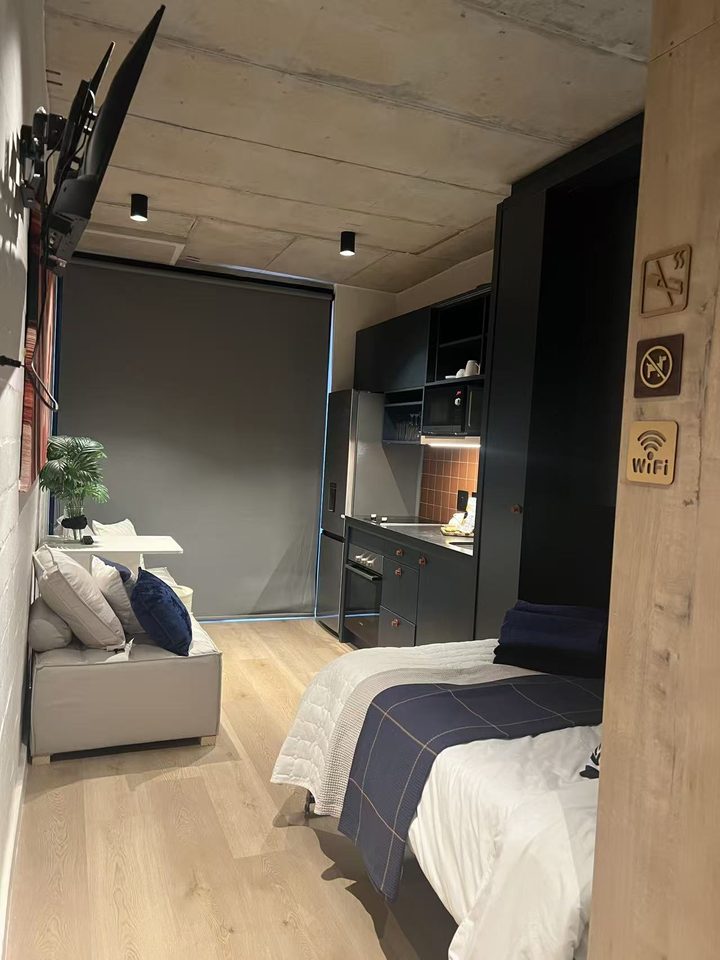 The studio from the door: TV wall, bed and herringbone floor
